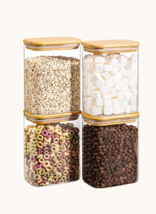 ComSaf Airtight Glass Jars with Bamboo Lids, 4 Pack 1100ml Rectangular Kitchen Storage Containers, Stackable Spice Jars for Rice, Lentils, Dates, Sugar and Other Dry Foods for Kitchen Organization - Image 1